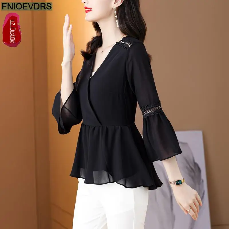 S-2XL 2023 Women Summer Elegant Office Lady Work Basic Shirt Casual Black Mesh Ruffles Tunic Peplum Tops Blouses