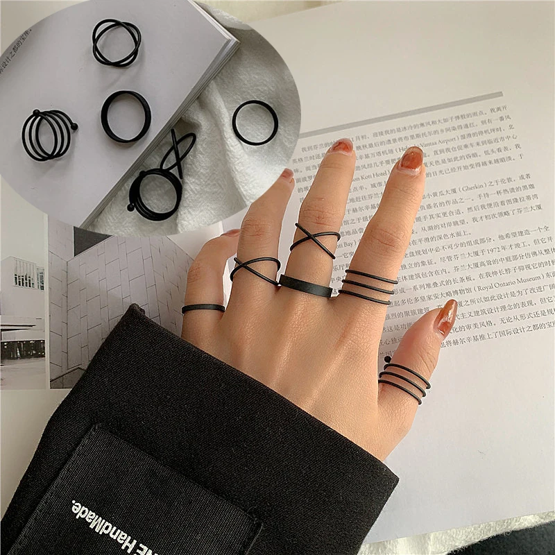 Moda kadın yüzük seti Punk serin Anillos Vintage basit siyah çapraz zincir ortak yüzük setleri kadın aksesuarları takı hediyeler parti