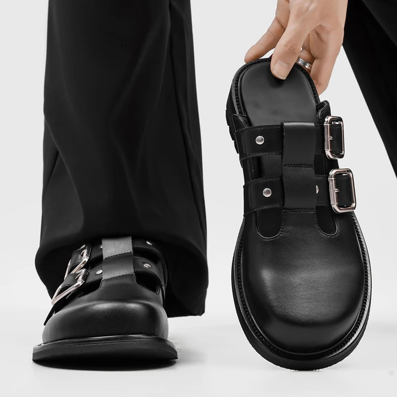 Men's double buckle M ü ller slippers with thick sole and round head rivets, hollowed out commuting leisure and lazy slippers