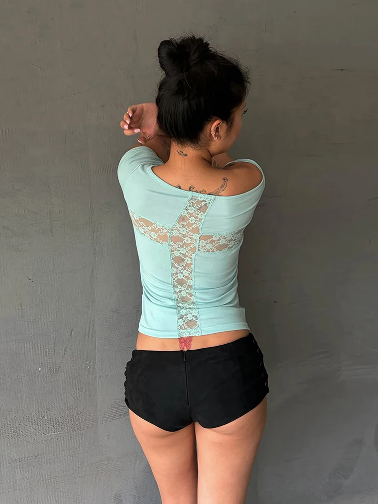 Sisterlinda Skew Collar t-Shirt Women Patchwork Lace Letter Print High Elasticity Leisure Comfortable High Street Clubwear