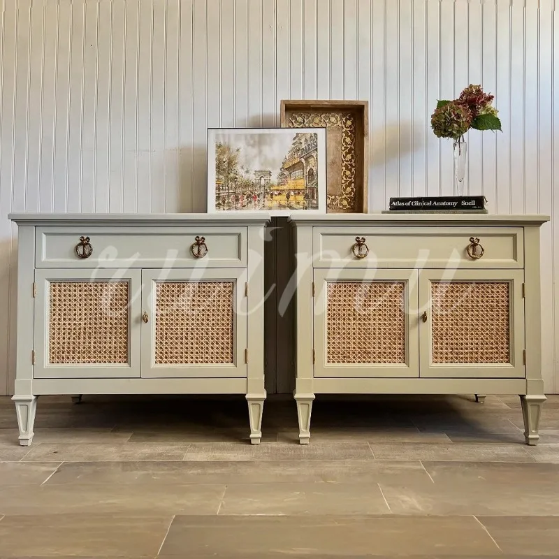 French contrasting bedside table villa bedroom bedside solid wood small cabinet household rattan storage