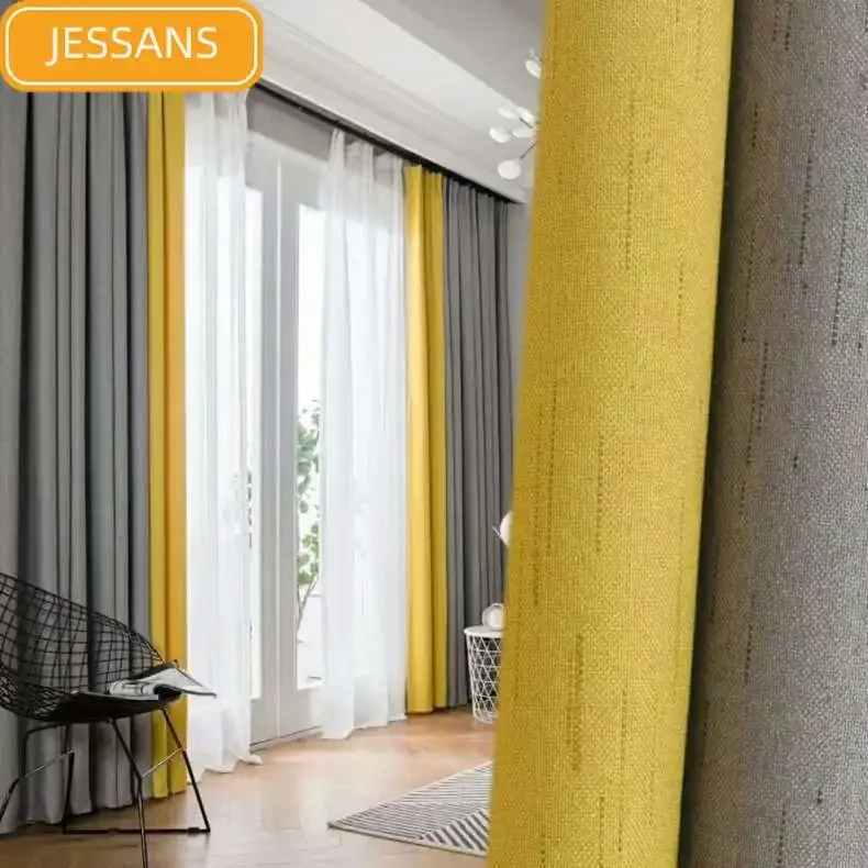 Solid Yellow Gray Vertical Stripe Jacquard Cotton Linen Patchwork Curtains for Living Room Bedroom French Window Customized