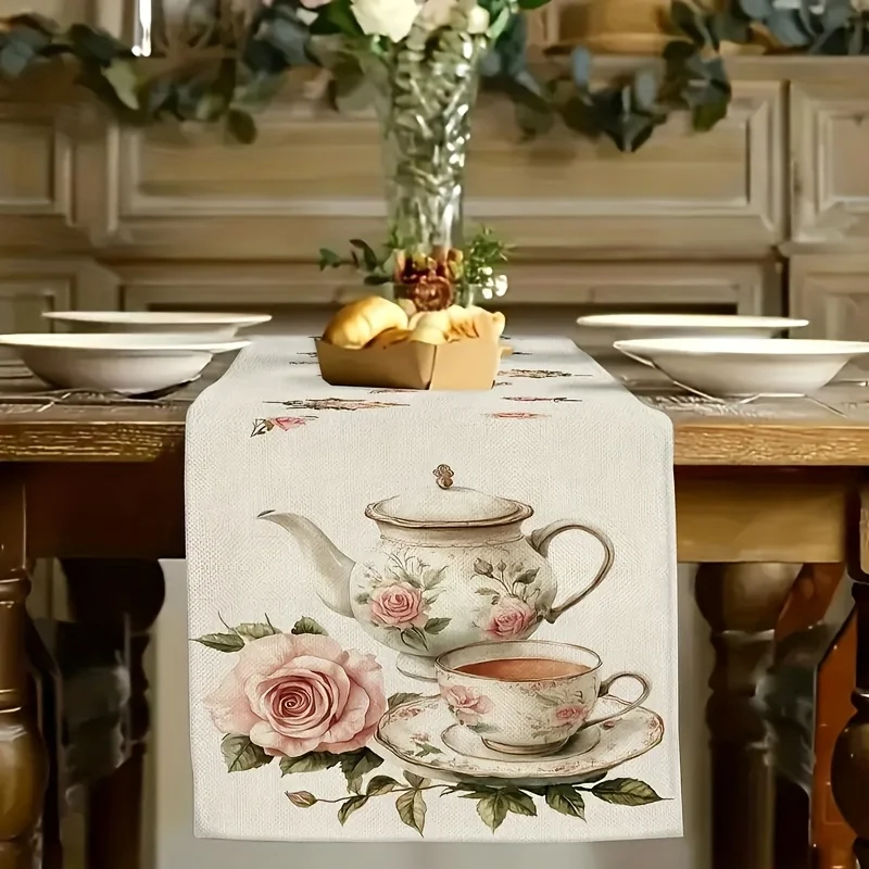 1 Piece of Retro British Table Runner, a Table Runner with Delicate Tea Sets and Pink Rose Patterns on a Light Background, Suitable for British Afternoon Tea, Garden Parties, Retro Cafes, Girlfriends' Tea Parties, Wedding Dessert Areas, Art Studios, B&B Rooms, Holiday Gift-Giving Scenes