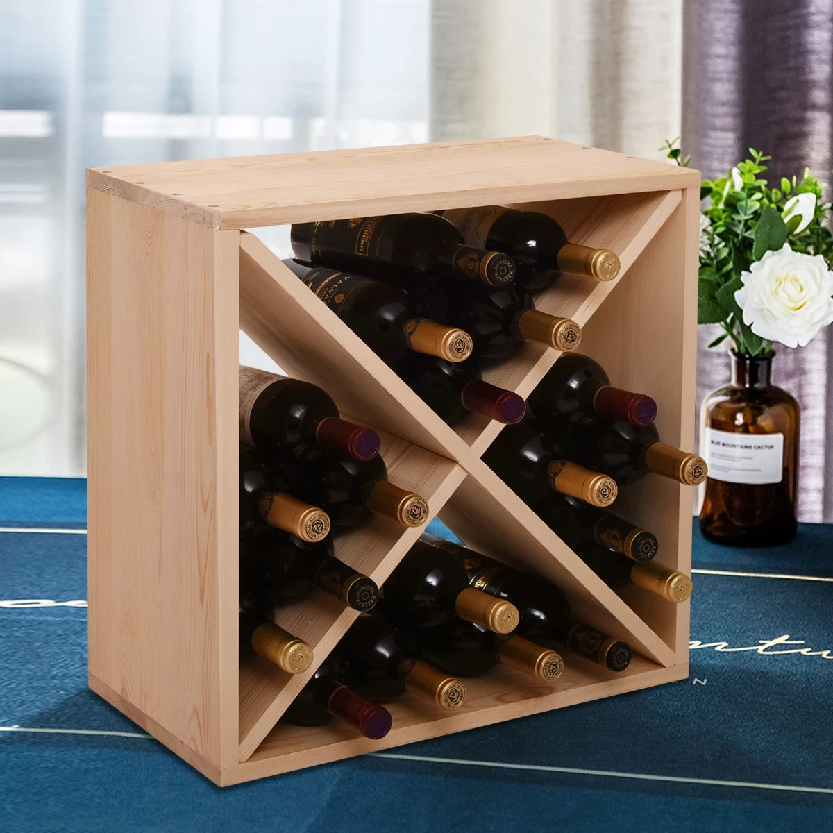 

24 Bottle Modular Wine Rack, Stackable Wine Storage Cube for Bar Cellar Kitchen Dining Room, Burlywood