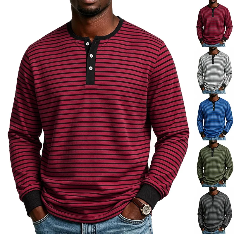 Men Striped Henley Long Sleeve T Shirt, 3 Button Notch Collar Contrast Cuff Casual Basic Crew Neck Pullover Top