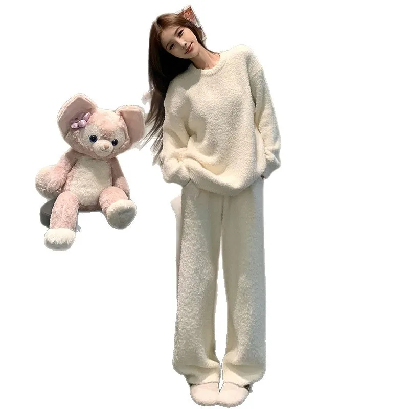 ملابس نوم نسائية نصف صوف شتوية جديدة بلون سادة ملابس منزلية حلوة مريحة ودافئة ومرنة قابلة للانفصال