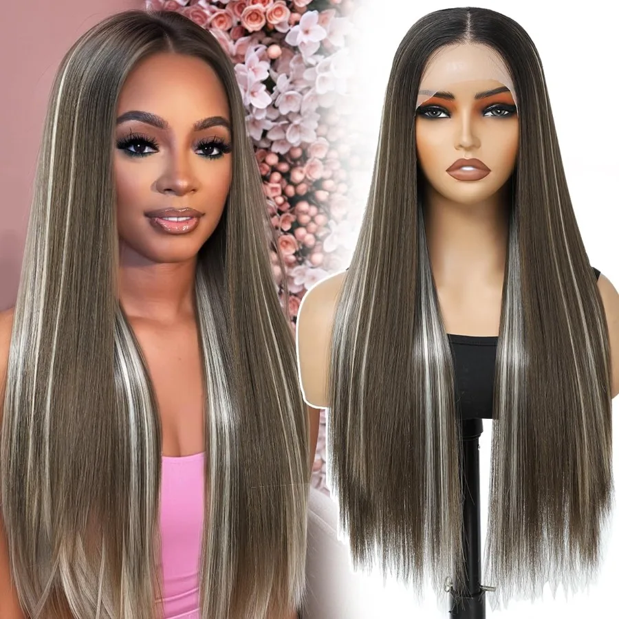 باروكة أمامية من الدانتيل الصناعي مقاس 13 × 4 × 1 بوصة للمظهر الطبيعي 24 بوصة باروكات أمامية مستقيمة رخيصة الثمن مع خط شعر مسبق النتف مثالي لـ #1