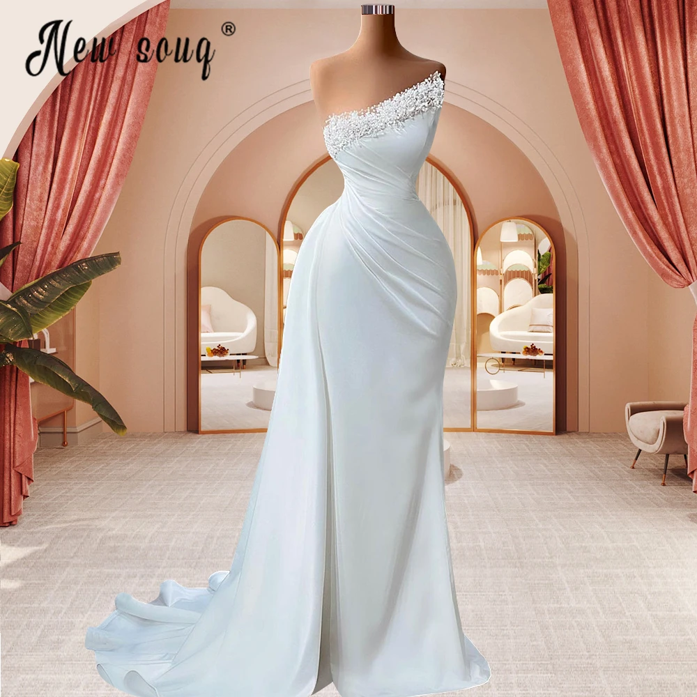 Elegant One Shoulder Satin Formal Dress With Detachable Train Arabic Women Pearls Beach Wedding Gowns  Special Occasion Dresses