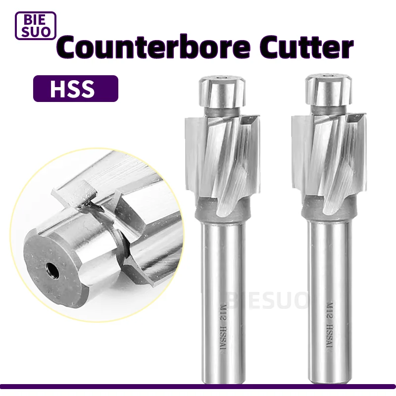 Piloted Counterbore Cutter HSS Flat Bolt Hole Cap Screw Countersink Milling Tool 4 Flutes Pilot M3 M20 Spot Router Slot Drill