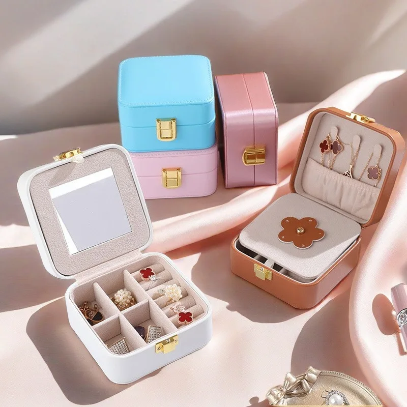 

Мини-органайзер для украшений из искусственной кожи премиум-класса со встроенным зеркалом для колье, колец и серег, портативный футляр для хранения ювелирных изделий