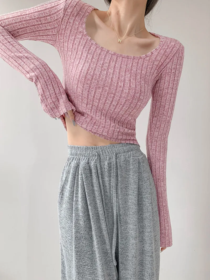 2024 Autumn/winter New Square Collar Trumpet Long Sleeved Knitted Sweater Pullover Women Pit Stripe Solid Slim Short Top 5ETI