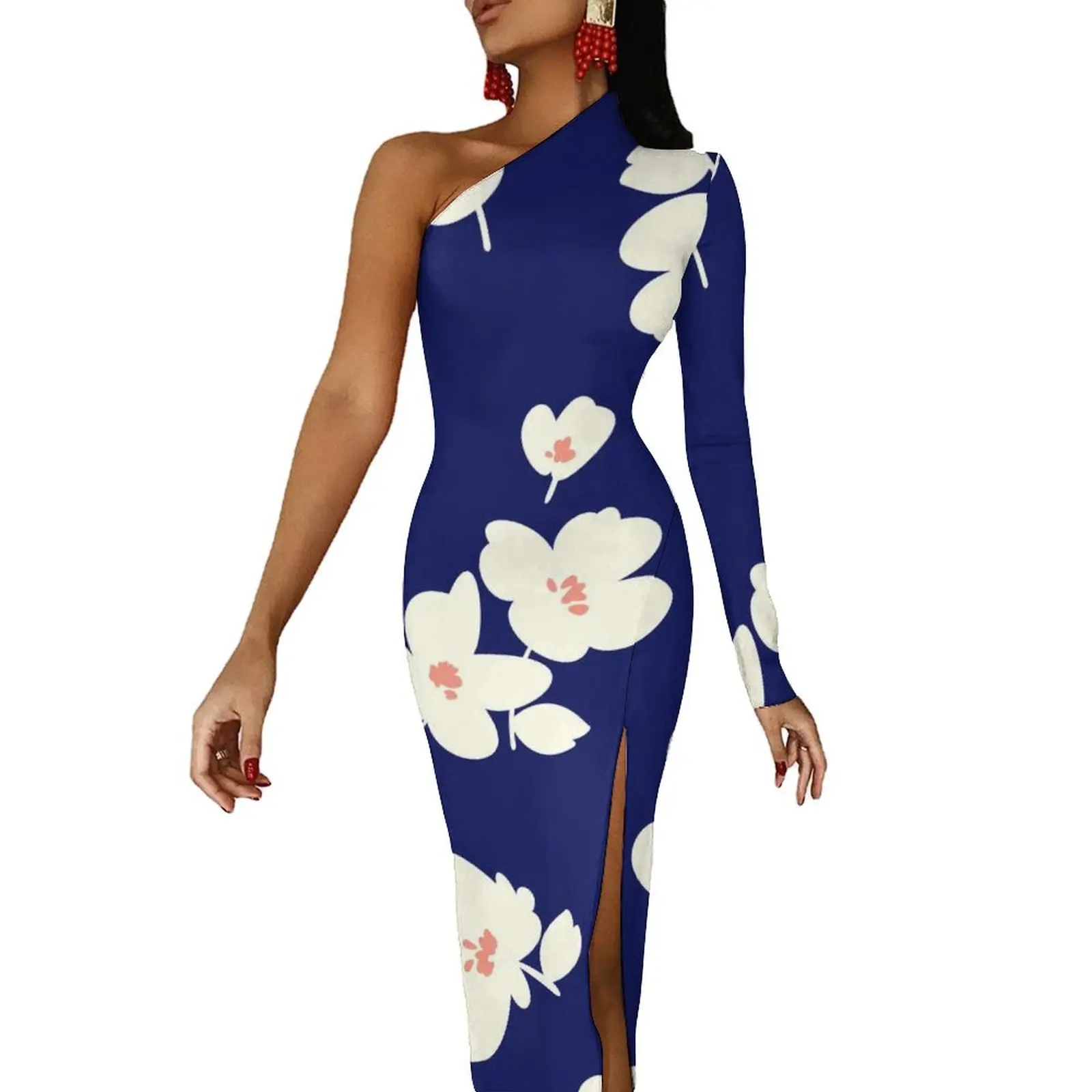 

White Daisies Print Bodycon Dress Summer Abstract Flower Elegant Side Split Long Dresses Long Sleeve Pattern Aesthetic Dress