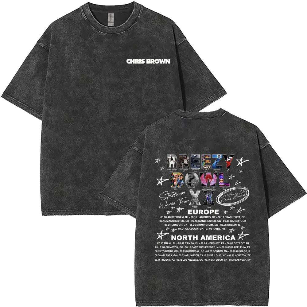 

Chris Brown Breezy Bowl XX World Tour 2025 Washed Vintage T-shirt Men Women Hip Hop Fashion Pop Music T Shirts Male Cotton Tees