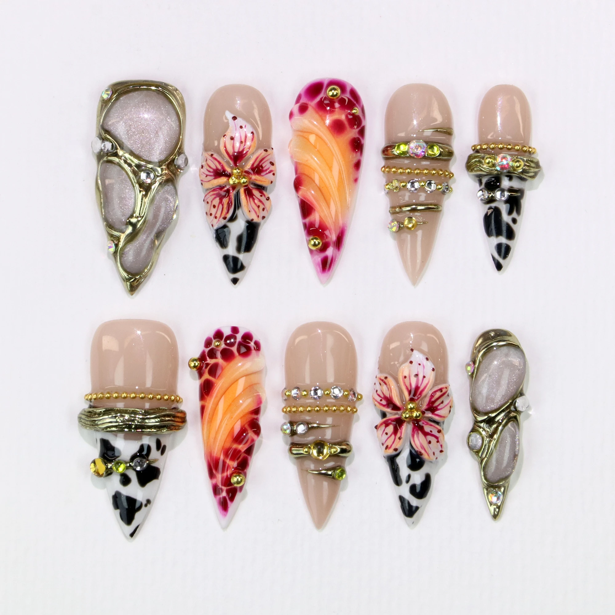 10Pcs 3D Handmade Custom Long Stiletto Press on Nails Glossy Handpainted Gothic Style Flower Nails Suitable for Wedding Events
