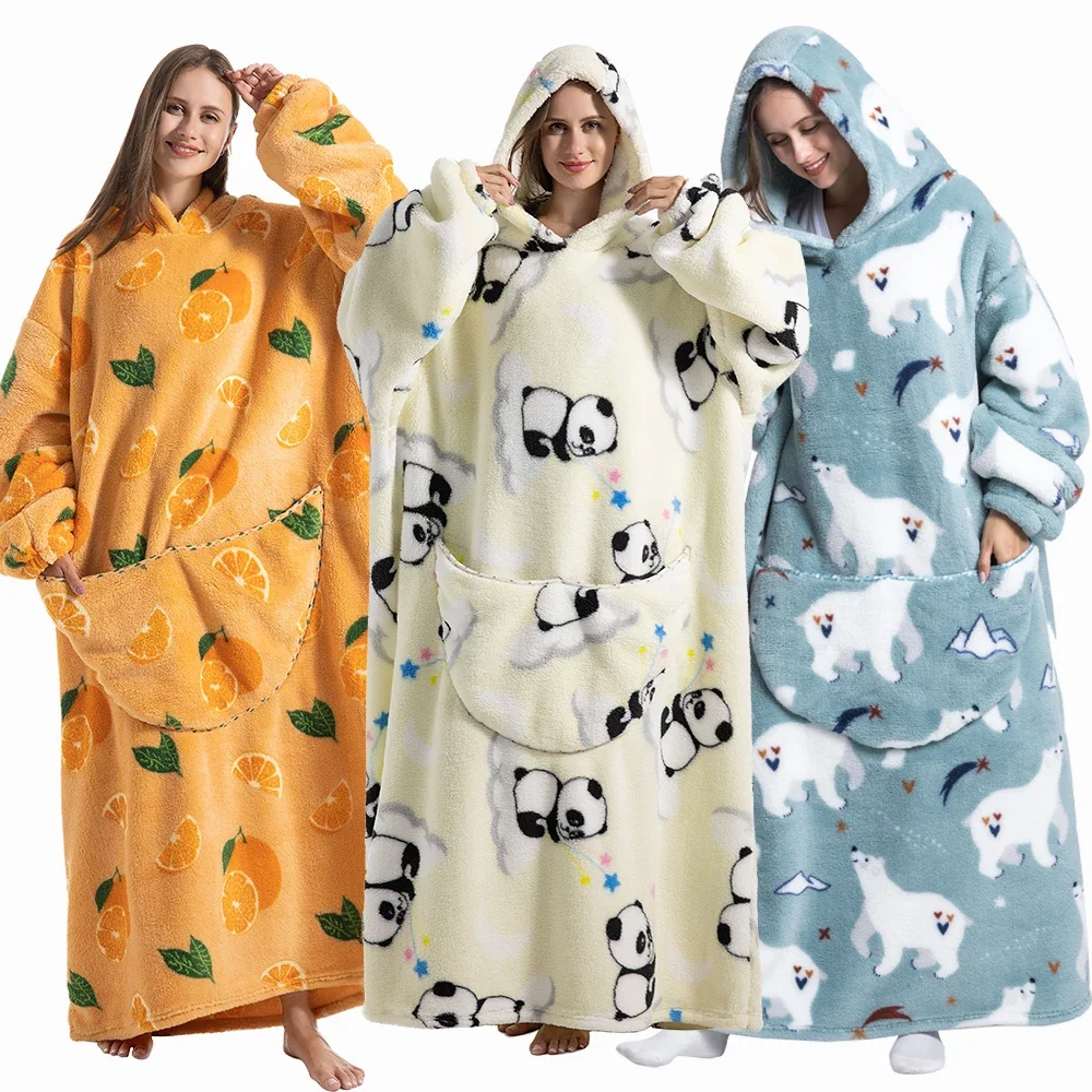 

Winter Women Long Flannel Wearable Blanket with Giant Pocket Warm Sherpa Blanket Hoodie Adults Fleece Giant TV Oversized Blanket