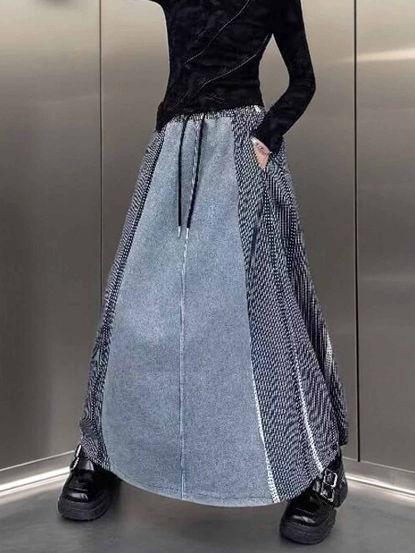 Retro Color Block Denim Plaid A-Line  Skirt Women's Loose Fit Elastic Waist Long Skirt Autumn Season Fashion Trend