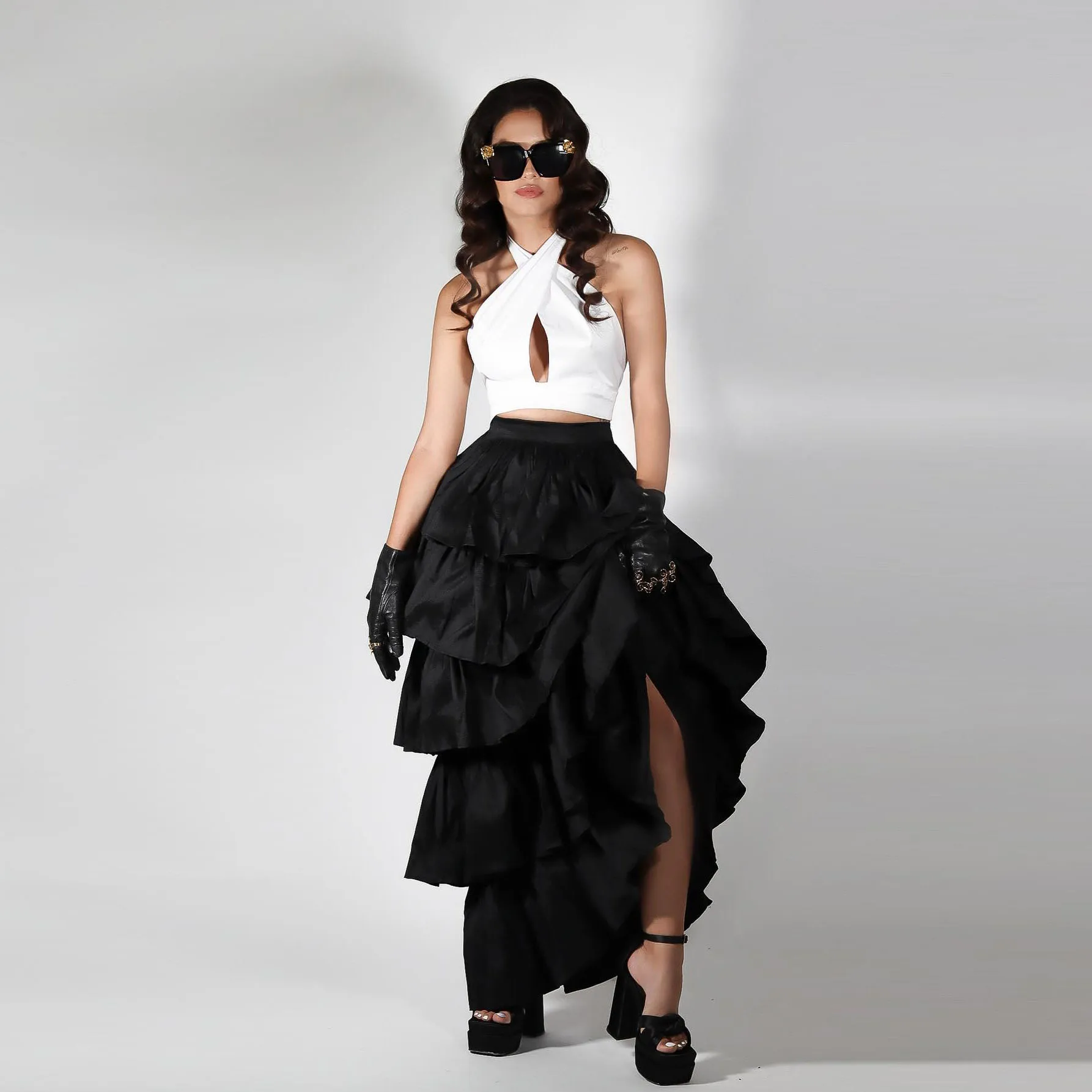 High End Black Layered Long Satin Skirts To Birthday Holiday Party Zipper Waistband A-line Formal Female Maxi Skirt