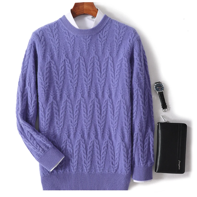 

100% Merino Wool Slub O-Neck Fashion Long Sleeves Sweater Loose Pullover Cashmere Solid Color Soft Comfortable Clothing Top