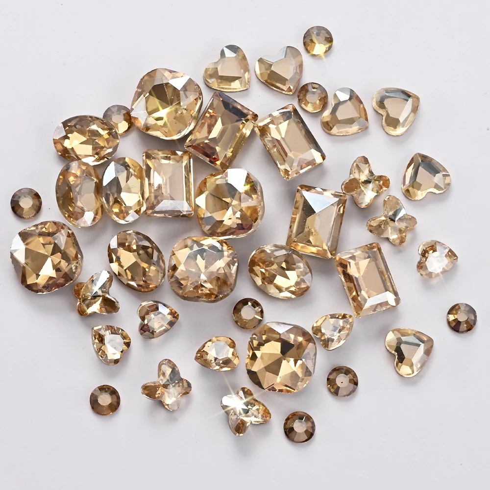 12 Grids 3D Champagne Nail Art Rhinestones Mixed Round,Fat Square,Heart,Butterfly Glass Diamond Nail Charms DIY Manicure Decor *