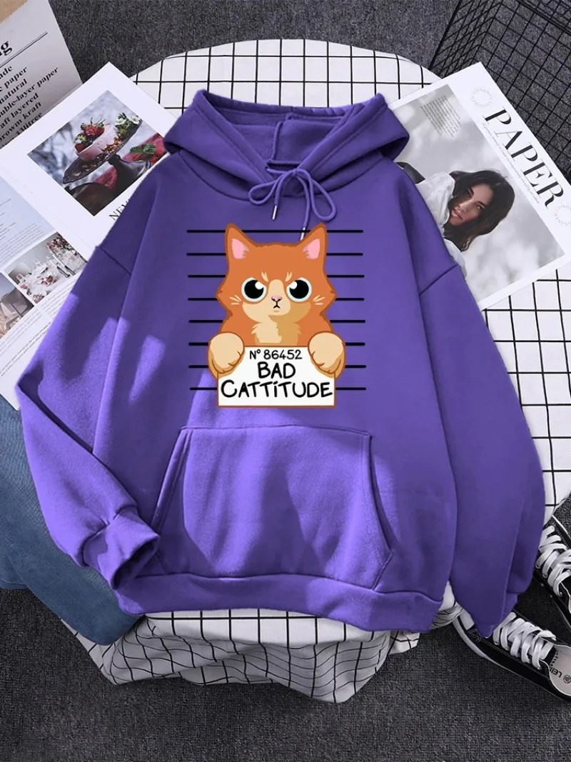 Women Fashion Casual Hoody Fleece  Autumn Clothing Warm Crewneck Streetwear For Female Bad Cattitude Orange Cat Pattern Hoodie