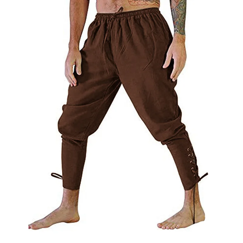 Adult Men Medieval Renaissance Lounge Pirate Horseman Costume Loose Pants Viking Black Brown Navigator Leg Bandage Trouser XXXXL