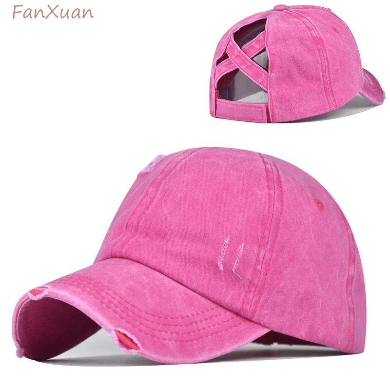 Women Baseball Cap Ponytail Hat Soft Cotton Summer Hats female solid Color Vintage Messy Bun Cap girls Femme