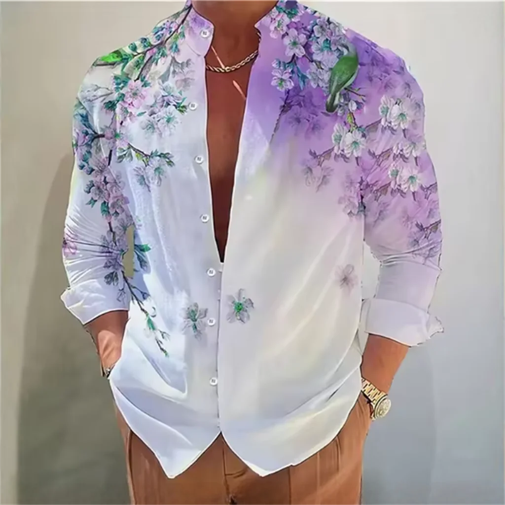 

3D printed flower pattern men's long sleeved shirt, casual and comfortable, fashionable and trendy, street outdoor, soft fabric