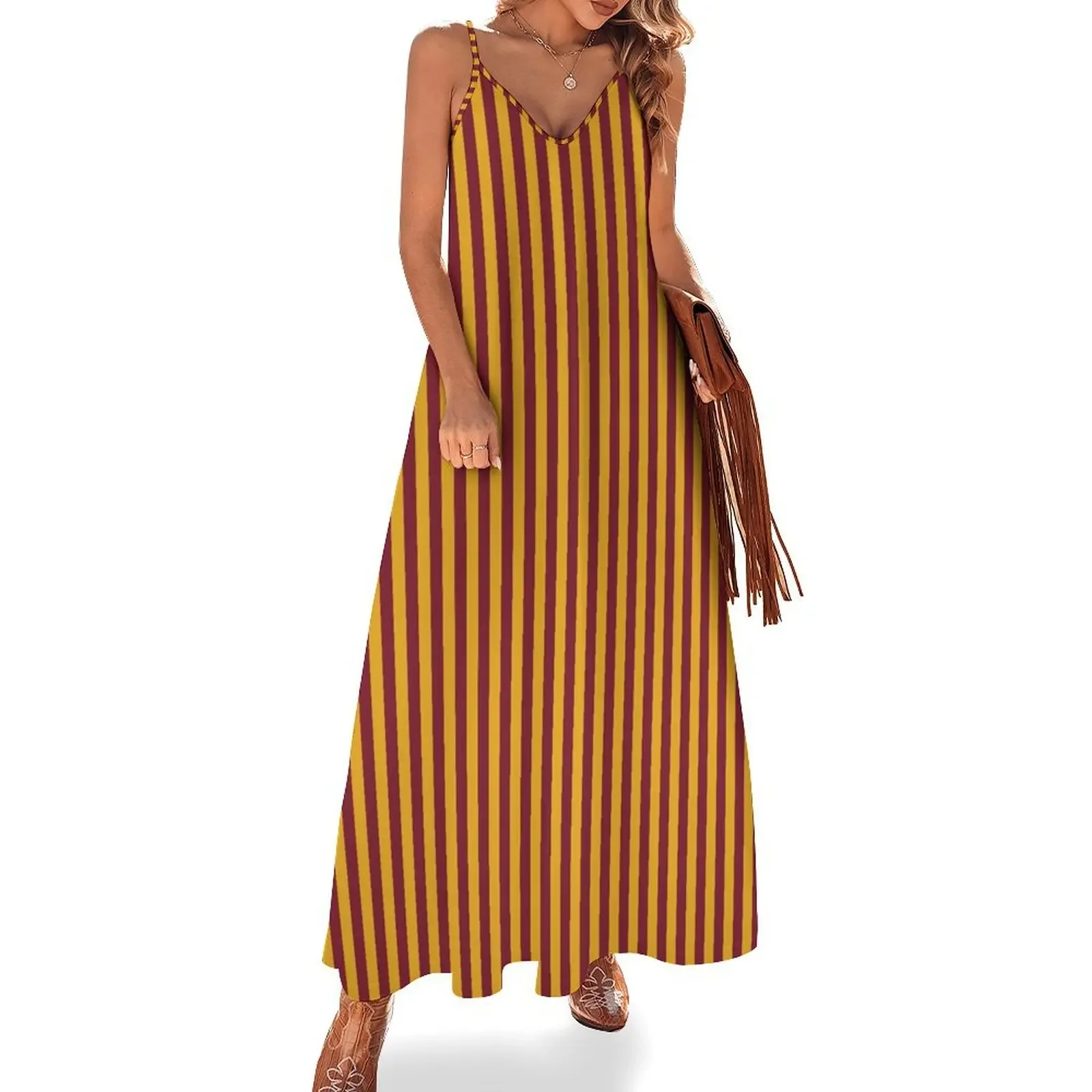 

Maroon and Golden Yellow Stripes Sleeveless Dress Women's summer suit summer dresses women 2025