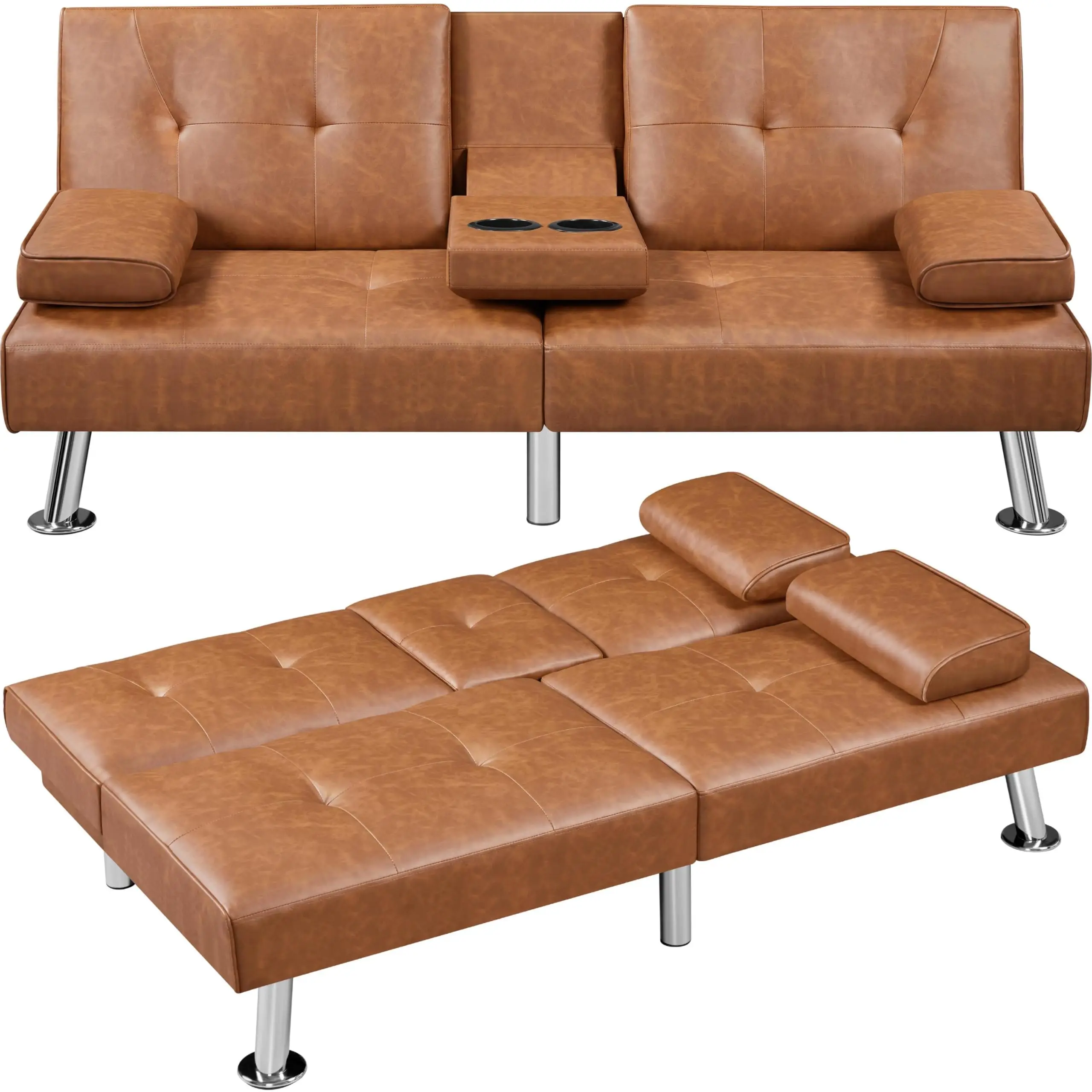 Convertible Futon Sofa Bed Loveseat with Cup Holder, Black | 3 Angles Sofa, Recliner Chair, Bed, Compact Faux Leather
