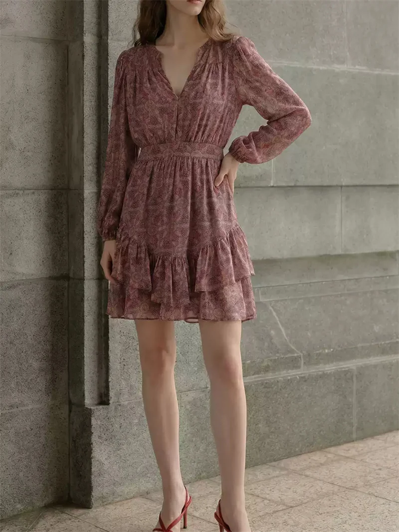 Ladies Long Sleeved Short Robe Double-Layer Ruffle Edge A-Line V-Neck Summer New Women Retro Printed Dress