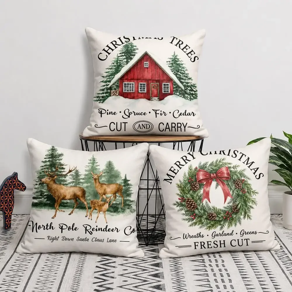 Christmas Holiday Throw Pillow Covers Set Pine Spruce Fir Cedar Christmas Trees North Pole Reindeer Bakery Cocoa Candy18x18 inch