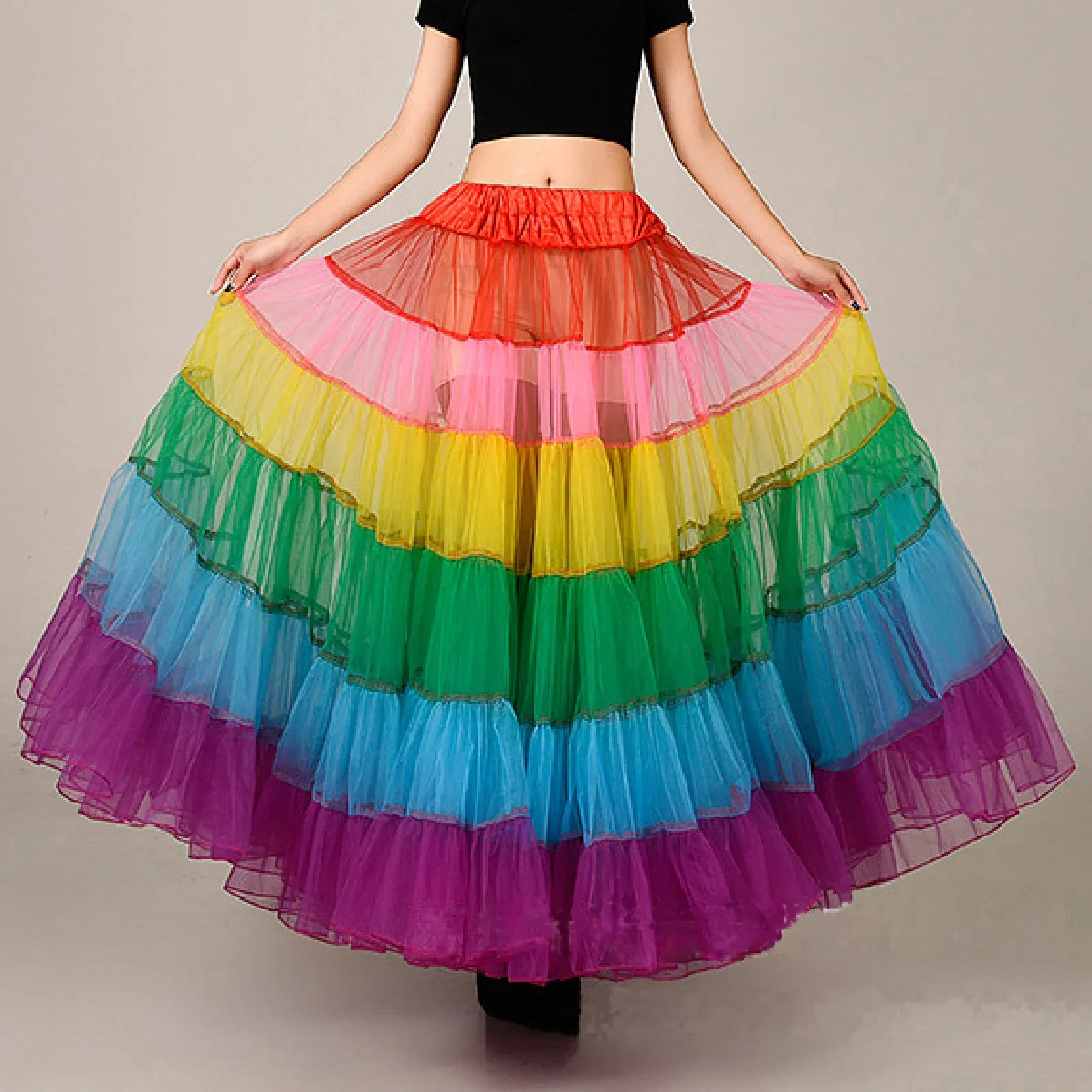 

Women Long Puff Tulle Skirt Rainbow Color Boneless Wedding Dance Skirts Sexy See Through High Waist Big Swing Gauze Petticoats