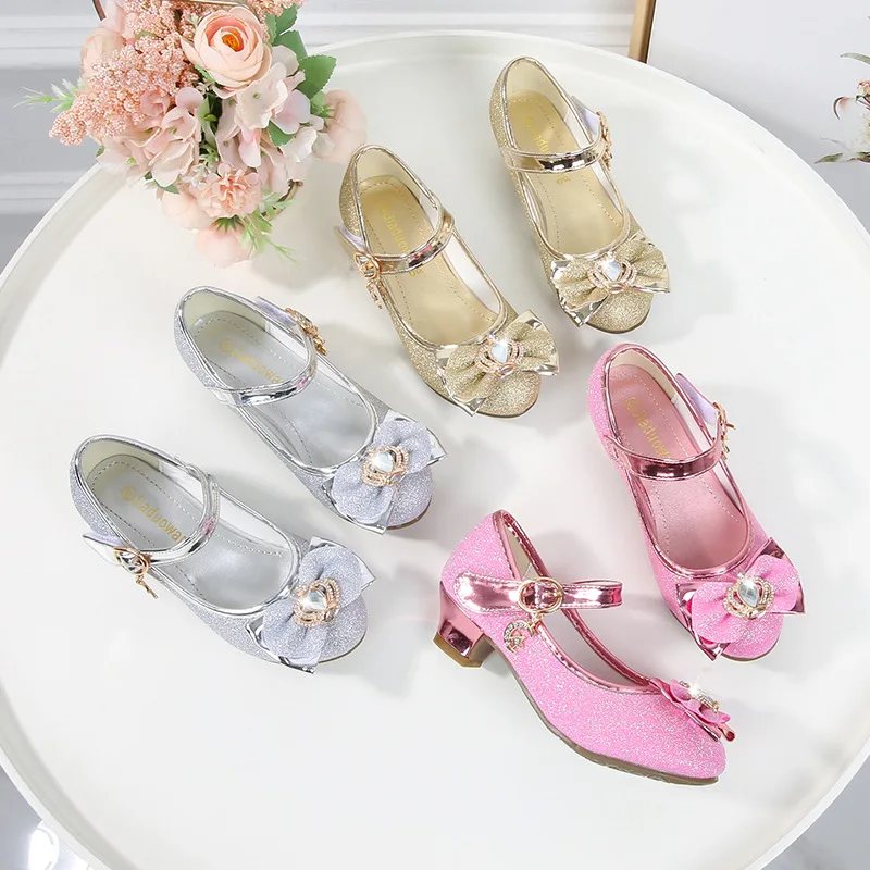 

Girl's High Heel Shoes Sweet Bowtie Crown Kids Leather Shoe for Dance Ballet Fashion Causal Children Princess Shoes Versatile