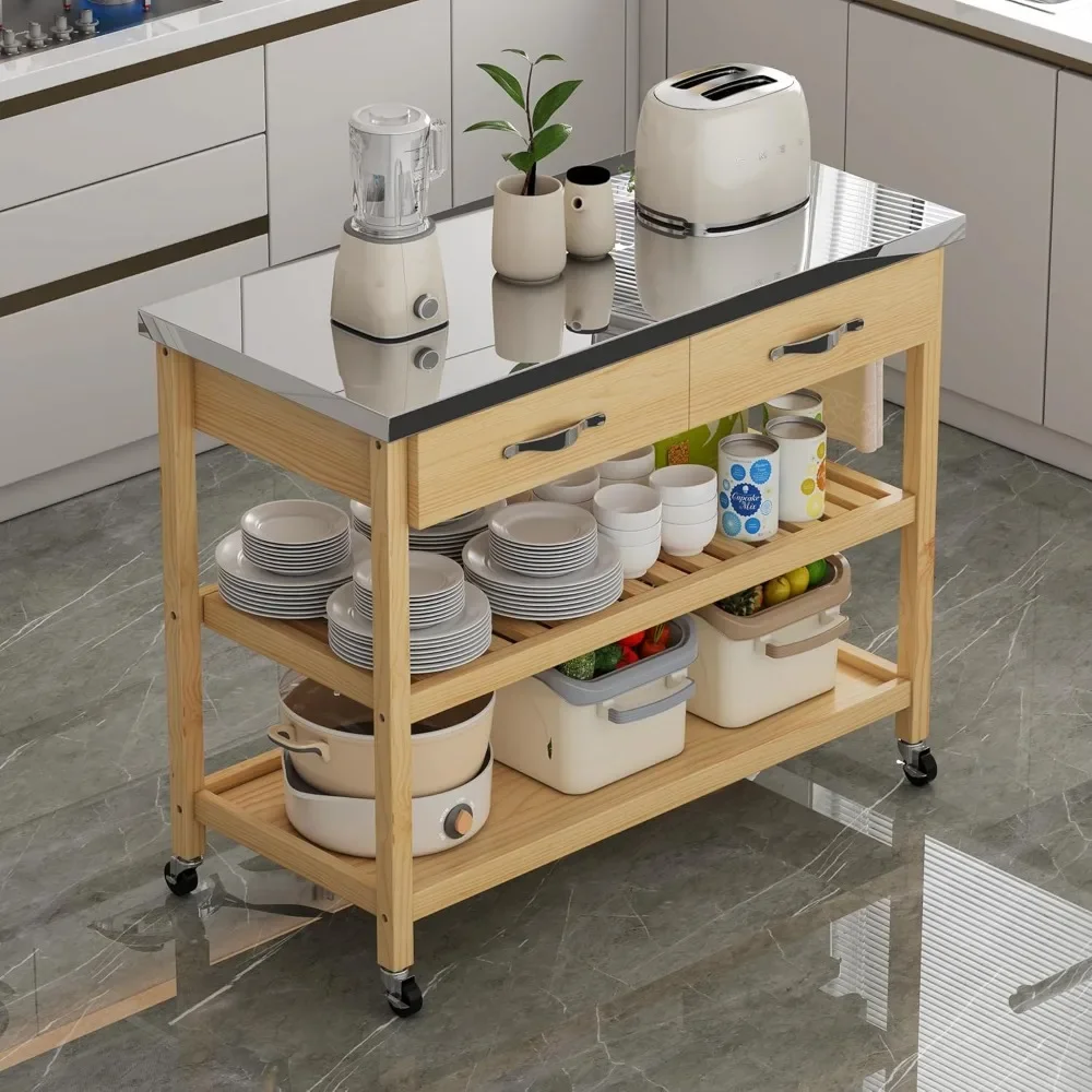 

Kitchen Island Cart Solid Wood Utility Trolley Cart with Stainless Steel Countertop, Mobile Rolling Cart with Storage Drawers