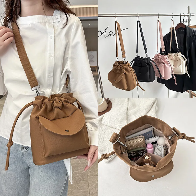 2025 Spring Favorite! Women's Simple Canvas Drawstring Bucket Bag, Wide Strap Crossbody, Stylish & Versatile
