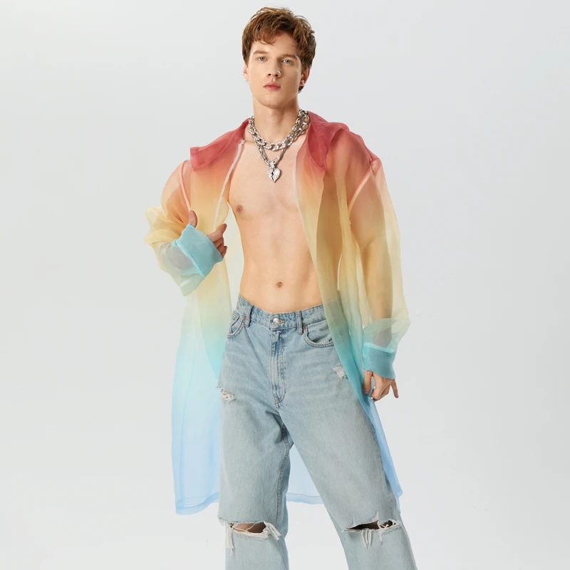 

2025 Men Trench Tie Dye Gradient Hooded Long Sleeve Transparent Open Stitch Casual Coats Streetwear Fashion Male Cardigan