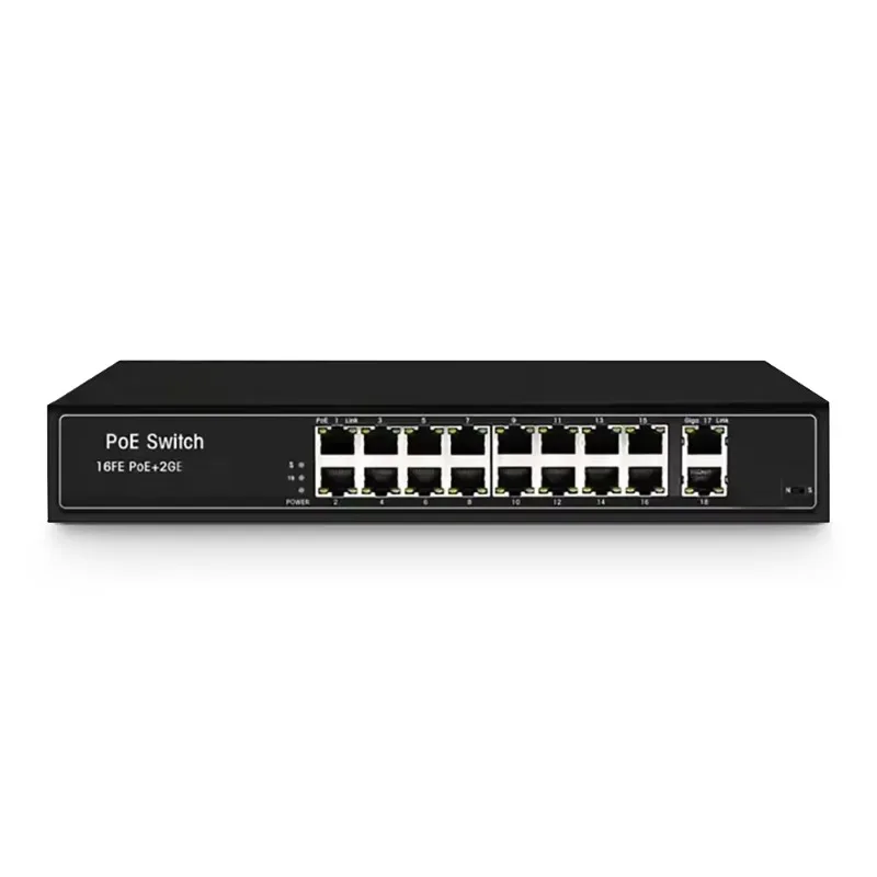 16 Port 802.3af PoE NVR Switch 2 Gigabit Uplink Ports 10/100M RJ45 Auto Adaptive 20G Capacity Ethernet Device
