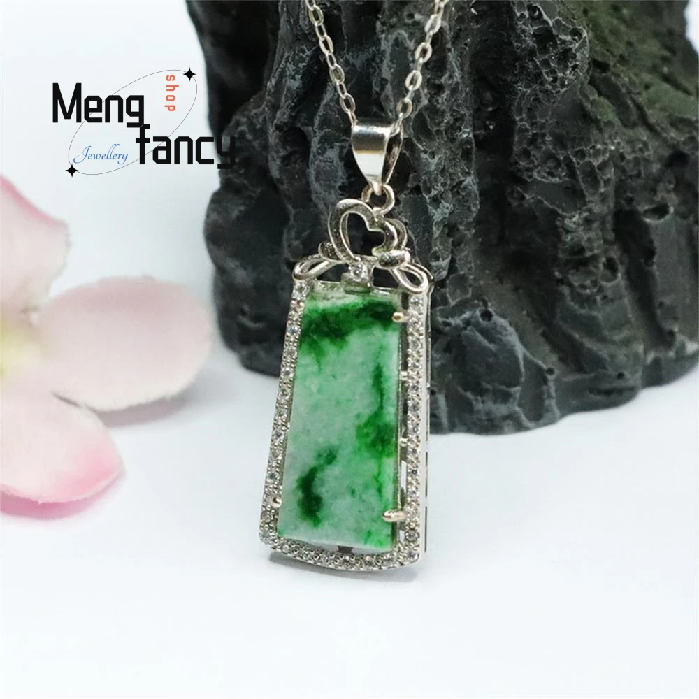 S925 Silver Lnlaid Natural Jadeite Floating Flower Green Wushi Pai Pendant Exquisite Elegant High-grade Luxury Quality Jewelry