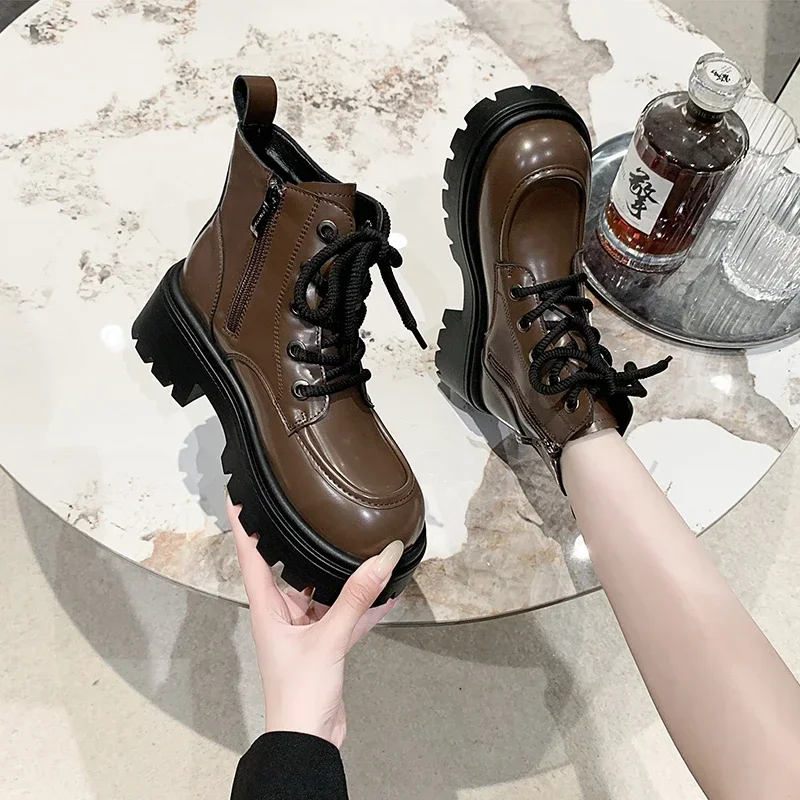 2023 Hot Sale Ladies Shoes Lace Up Zipper Women's Boots Autumn Round Toe Solid Naked Boots Platform Water Proof Fashion Boots