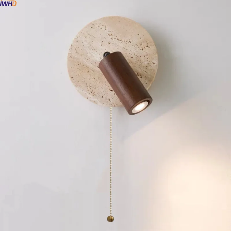 

IWHD Interior Reading LED Wall Lamp Bedroom Bedside Yellow Travertine Wood Up Down Rotate Stair Light Fixture Aplique Pared