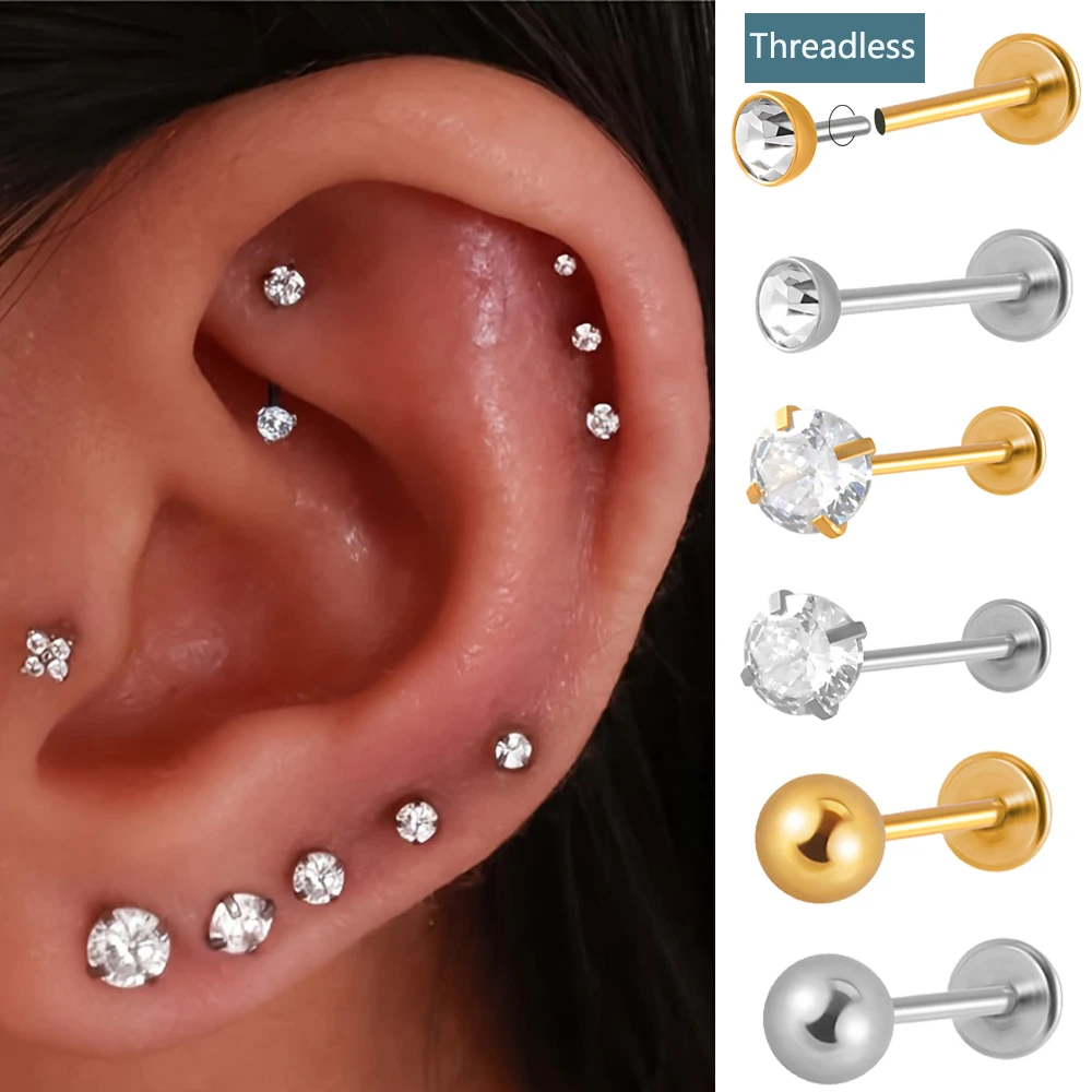 Body Piercing Studs Threadless Flat Back Earrings - ASTM F136 Titanium, 16G/18G/20G, 6mm/7mm/8mm Bar, Cubic Zirconia, For Tragus, Helix, Conch, Nose Flat Back Labret Studs With CZ