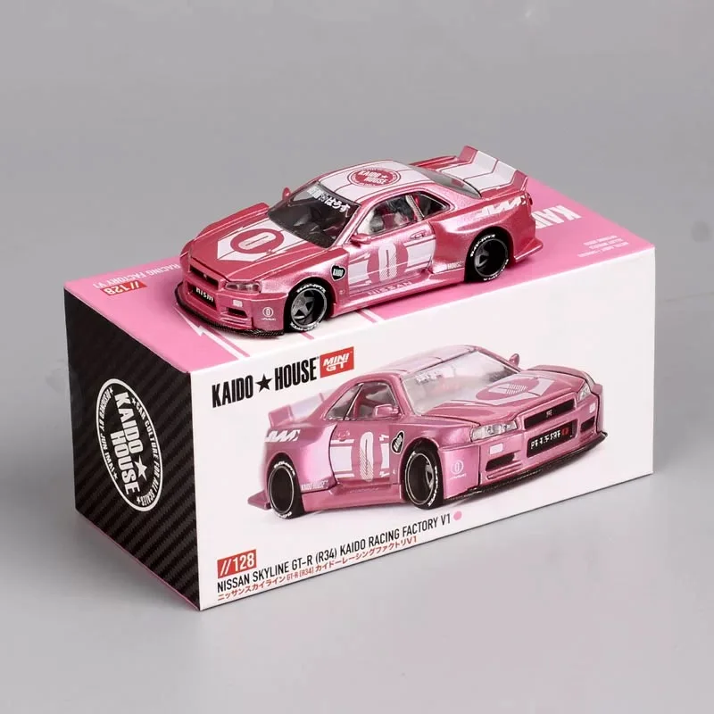 Kaido+MINIGT 1:64 Skyline GT-R (R34) نموذج سبيكة وردي/فضي