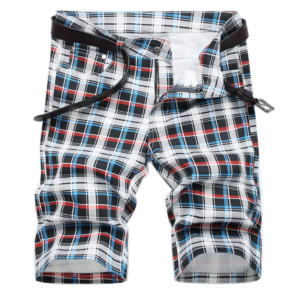 Men Plaid Digital Print Shorts Summer Check Tartan Stretch Denim Breeches Fashion Slim Jeans