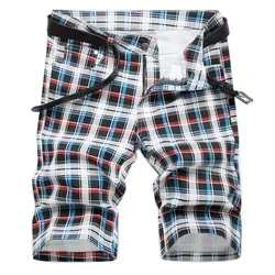 Men Plaid Digital Print Shorts Summer Check Tartan Stretch Denim Breeches Fashion Slim Jeans