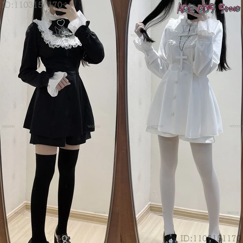 Jirai kei Lolita Girls Dress Set Women Kawii Bow Blouse Slim Black White Angel Devil Skirt Sexy Sweet Japanese Students Suit