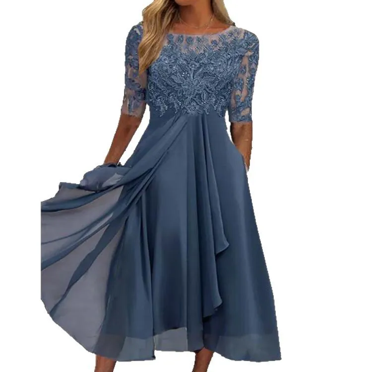 Elegant Party Dress Wedding Guest Chiffon Lace Bodice Dresses A Line Maxi Dress Chiffon Skirt Evening Dress Prom Three Quarter