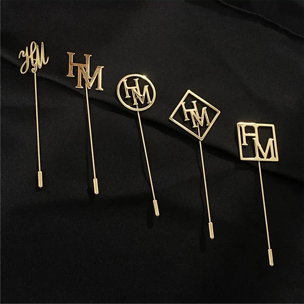 

Custom Formal Occasions Suit Name Pins For Gentlemen Jewelry Stainless Steel Double Letter Personalized Logo Brooches For Women