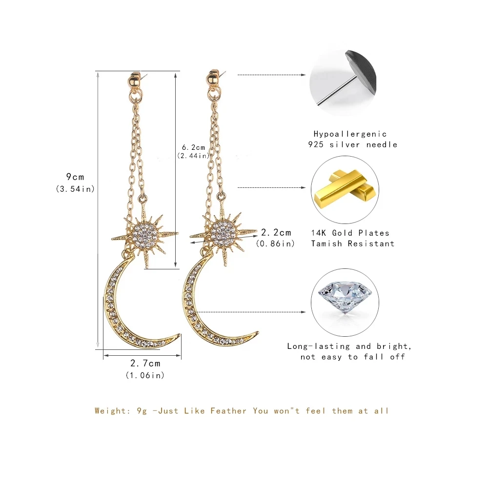 New Bohemian Retro Fashion Sun Moon Exaggerated Long Pendant Statement Versatile Earrings for Women Beach Party Jewelry