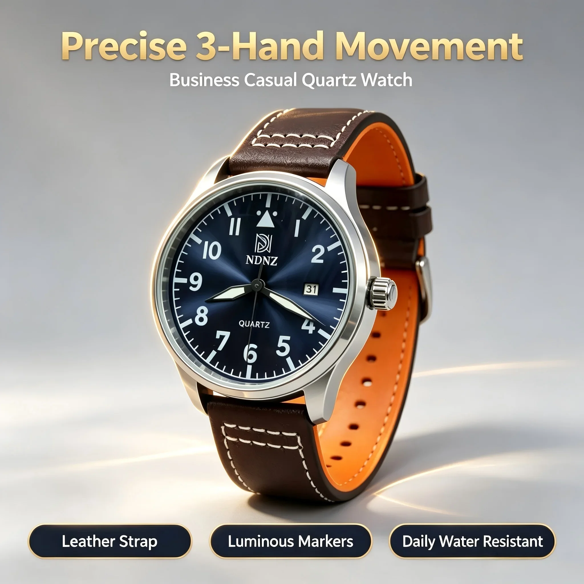 Pilot Watches for Men Classic Field Series Black/Blue Face 20ATM VH31 Quartz Watch Luminous Mark Leather Band Reloj Hombre
