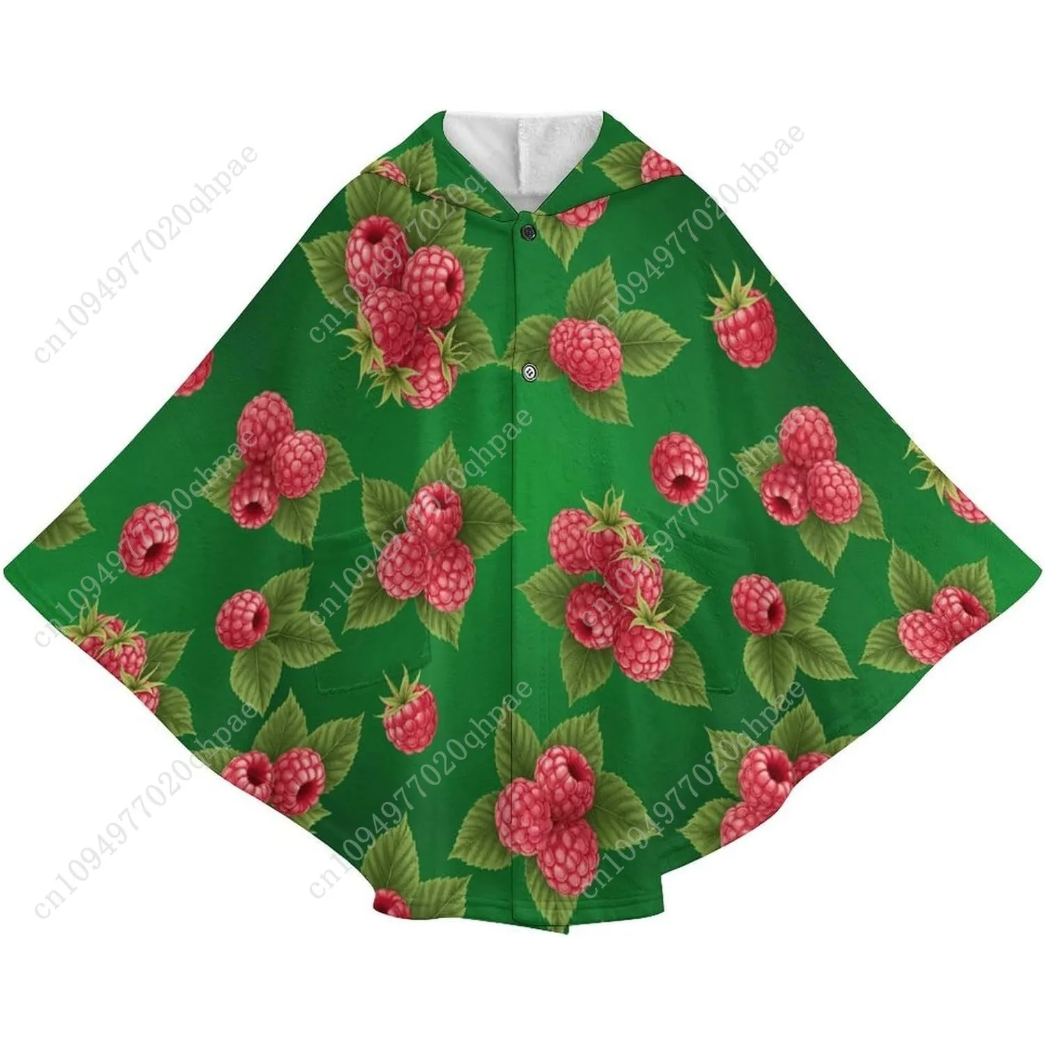 Acogedor suéter de manta de franela, patrón de frambuesa sobre sudadera verde de gran tamaño con bolsillos para niños y adolescentes